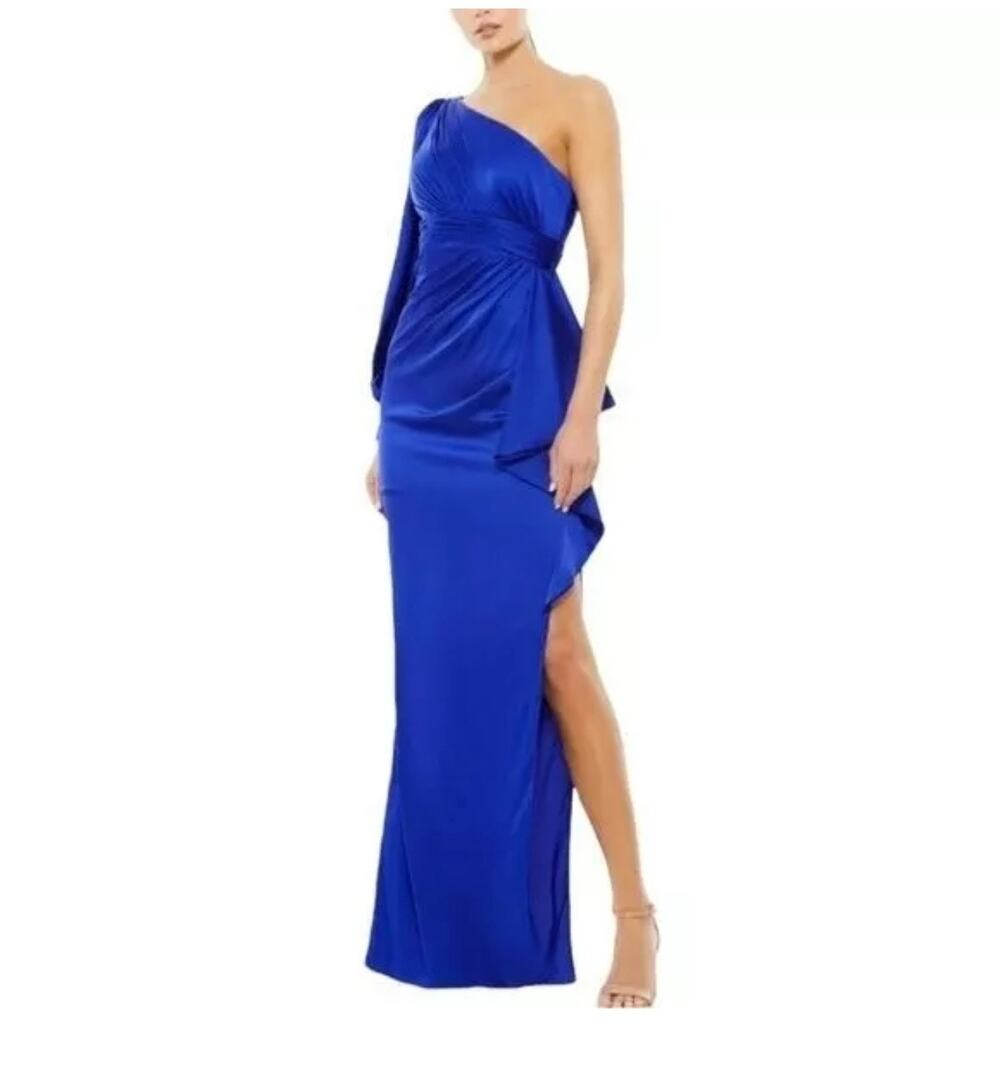 Mac Duggal Cobalt One-Shoulder Midi with Draped Waist
